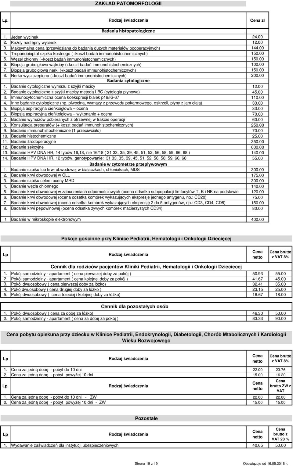 Biopsja gruboigłowa wątroby (+koszt badań immunohistochemicznych) 100.00 7. Biopsja gruboigłowa nerki (+koszt badań immunohistochemicznych) 150.00 8.