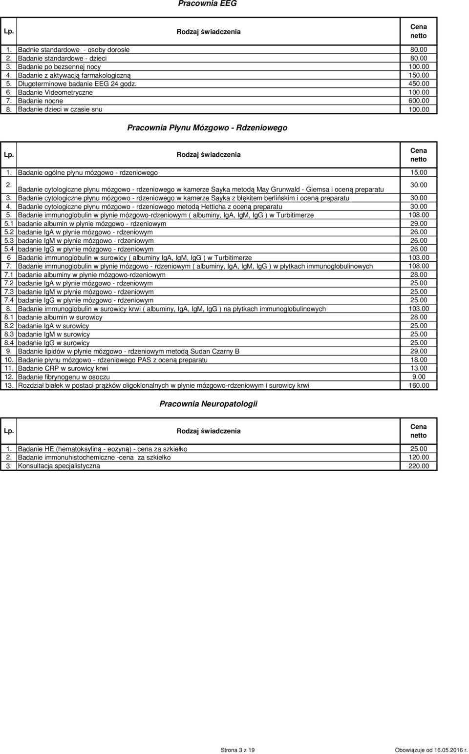 Badanie ogólne płynu mózgowo - rdzeniowego 15.00 2. Badanie cytologiczne płynu mózgowo - rdzeniowego w kamerze Sayka metodą May Grunwald - Giemsa i oceną preparatu 30.00 3.