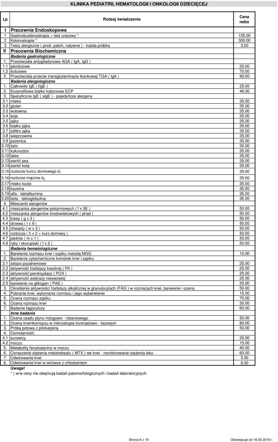 2 ilościowe 70.00 2. Przeciwciała przeciw transglutaminazie tkankowej TGA ( IgA ) 90.00 Badania alergologiczne 1. Całkowite IgE ( tige ) 25.00 2. Eozynofilowe białko kationowe ECP 48.00 3.