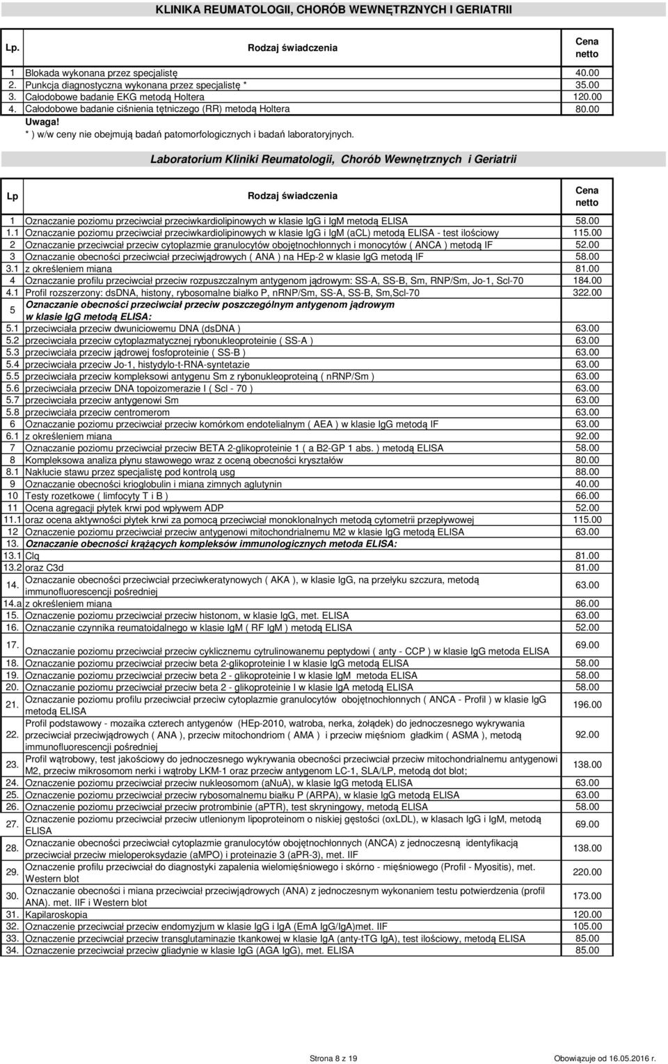 Laboratorium Kliniki Reumatologii, Chorób Wewnętrznych i Geriatrii 1 Oznaczanie poziomu przeciwciał przeciwkardiolipinowych w klasie IgG i IgM metodą ELISA 58.00 1.