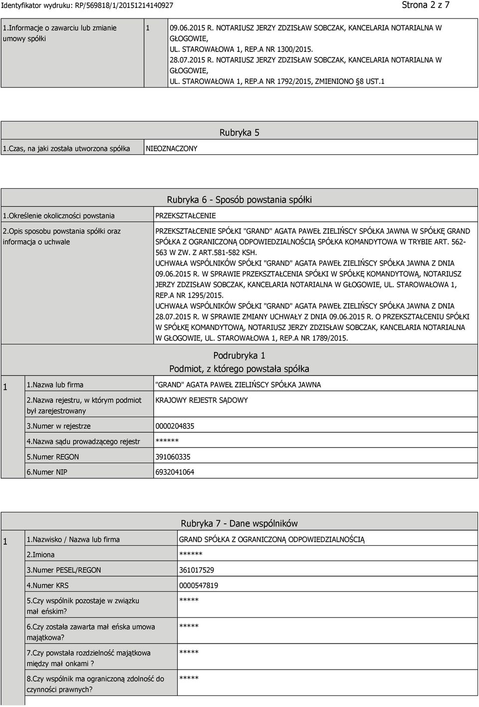 Czas, na jaki została utworzona spółka OZNACZONY Rubryka 6 - Sposób powstania spółki 1.Określenie okoliczności powstania 2.