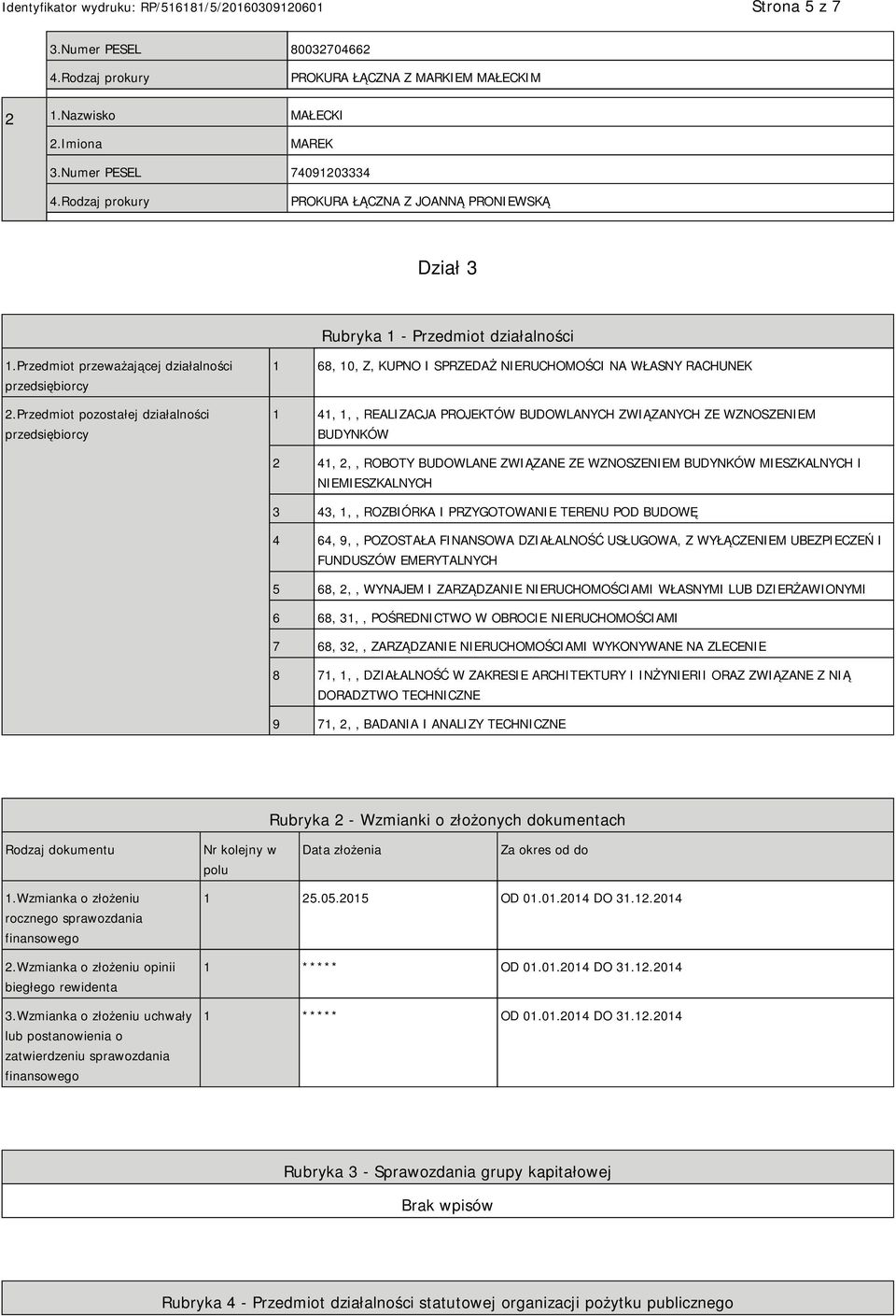 Przedmiot pozostałej działalności przedsiębiorcy 1 68, 10, Z, KUPNO I SPRZEDAŻ RUCHOMOŚCI NA WŁASNY RACHUNEK 1 41, 1,, REALIZACJA PROJEKTÓW BUDOWLANYCH ZWIĄZANYCH ZE WZNOSZEM BUDYNKÓW 2 41, 2,,