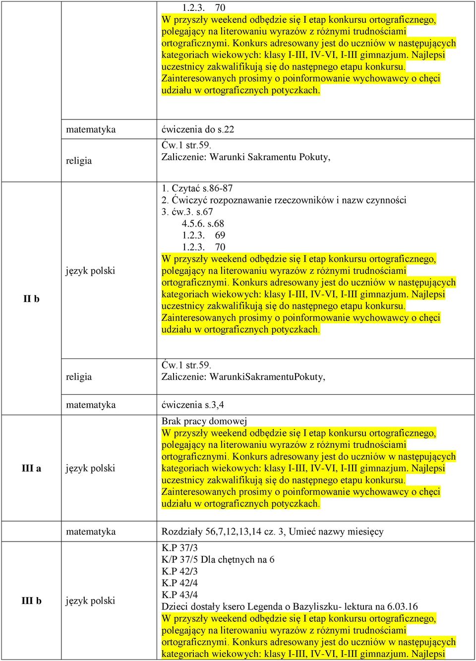 Zaliczenie: WarunkiSakramentuPokuty, III a ćwiczenia s.3,4 Brak pracy domowej III b Rozdziały 56,7,12,13,14 cz.