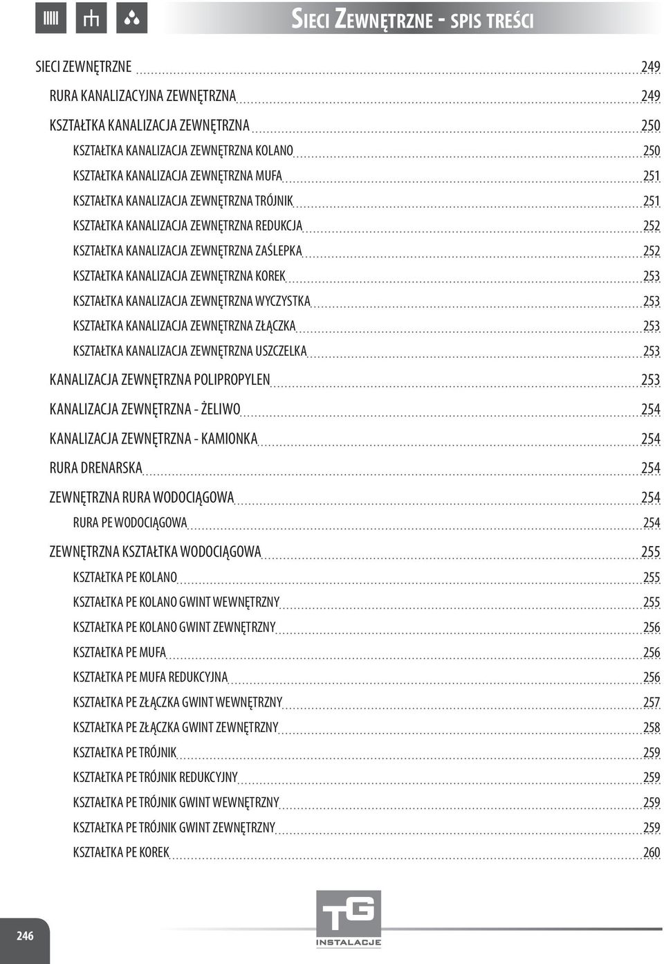 WYCZYSTKA 253 KSZTAŁTKA KANALIZACJA ZEWNĘTRZNA ZŁĄCZKA 253 KSZTAŁTKA KANALIZACJA ZEWNĘTRZNA USZCZELKA 253 KANALIZACJA ZEWNĘTRZNA POLIPROPYLEN 253 KANALIZACJA ZEWNĘTRZNA - ŻELIWO 254 KANALIZACJA