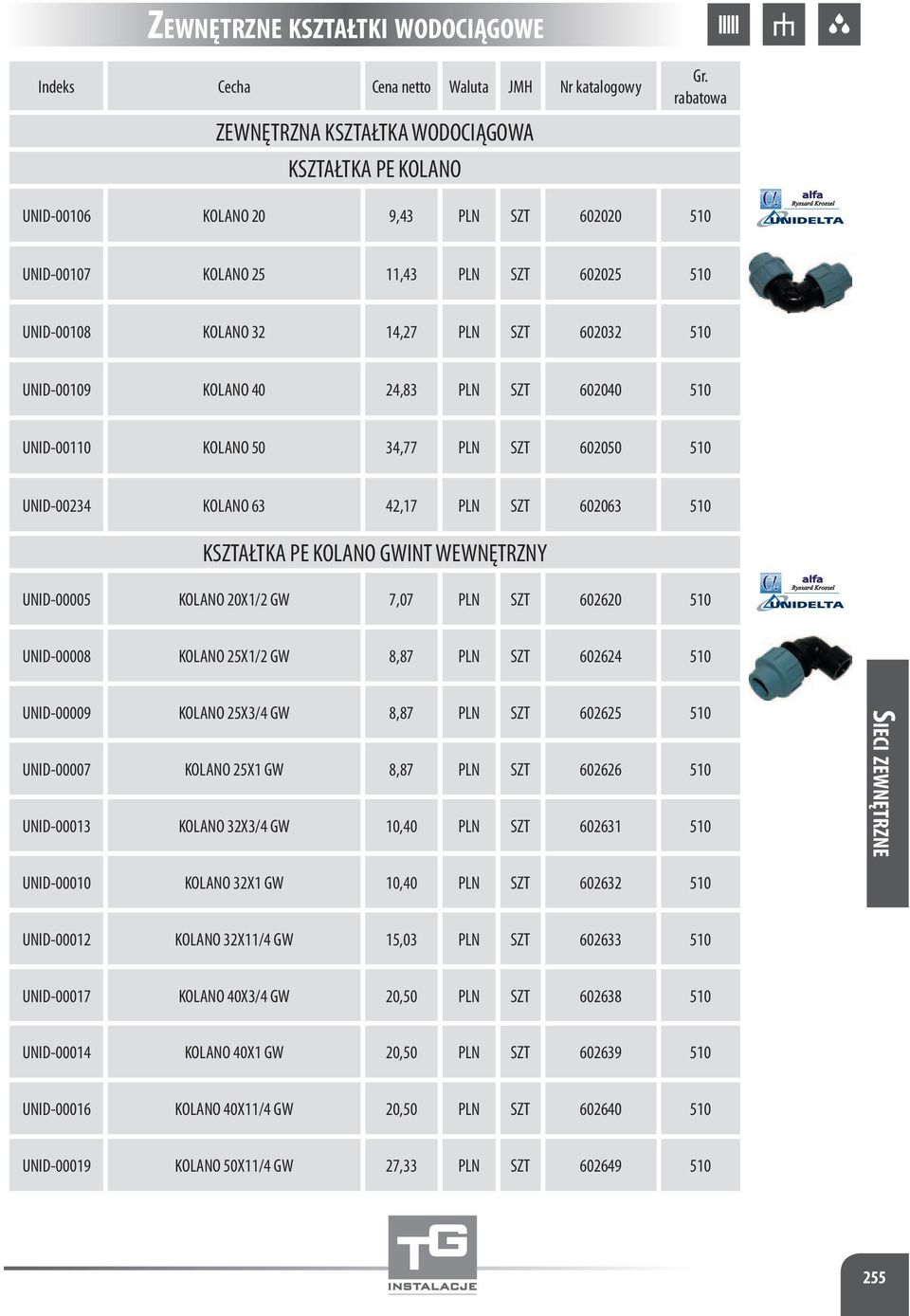 WEWNĘTRZNY UNID-00005 KOLANO 20X1/2 GW 7,07 PLN SZT 602620 510 alfa UNID-00008 KOLANO 25X1/2 GW 8,87 PLN SZT 602624 510 UNID-00009 KOLANO 25X3/4 GW 8,87 PLN SZT 602625 510 UNID-00007 KOLANO 25X1 GW