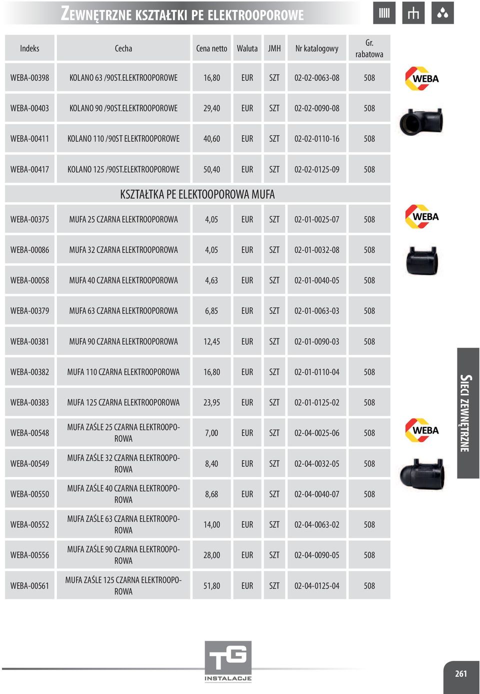 ELEKTROOPOROWE 50,40 EUR SZT 02-02-0125-09 508 KSZTAŁTKA PE ELEKTOOPOROWA MUFA WEBA-00375 MUFA 25 CZARNA ELEKTROOPOROWA 4,05 EUR SZT 02-01-0025-07 508 WEBA-00086 MUFA 32 CZARNA ELEKTROOPOROWA 4,05