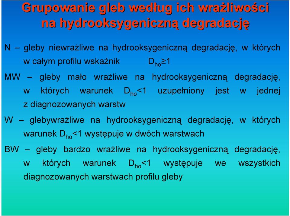 jednej z diagnozowanych warstw W glebywrażliwe na hydrooksygeniczną degradację, w których warunek D ho <1 występuje w dwóch warstwach BW