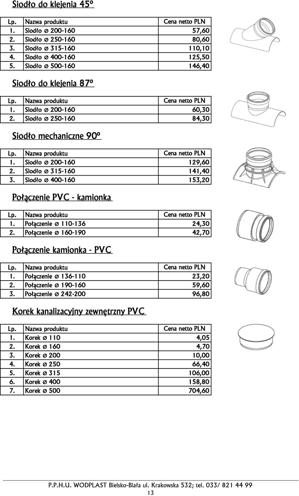 Połączenie Ø 110-136 24,30 2. Połączenie Ø 160-190 42,70 Połączenie kamionka - PVC 1. Połączenie Ø 136-110 23,20 2. Połączenie Ø 190-160 59,60 3.