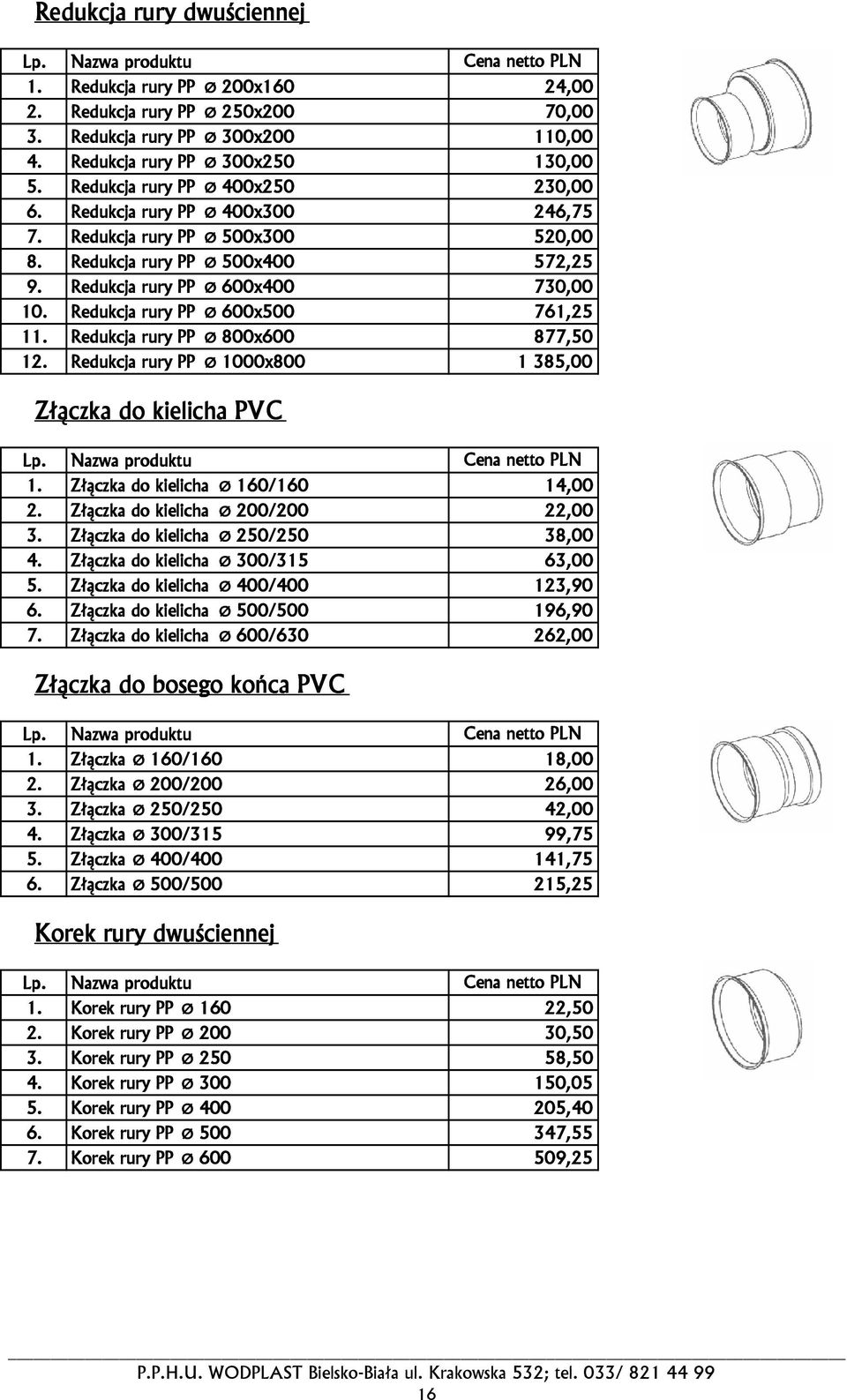 Redukcja rury PP Ø 600x500 761,25 11. Redukcja rury PP Ø 800x600 877,50 12. Redukcja rury PP Ø 1000x800 1 385,00 Złączka do kielicha PVC 1. Złączka do kielicha Ø 160/160 14,00 2.