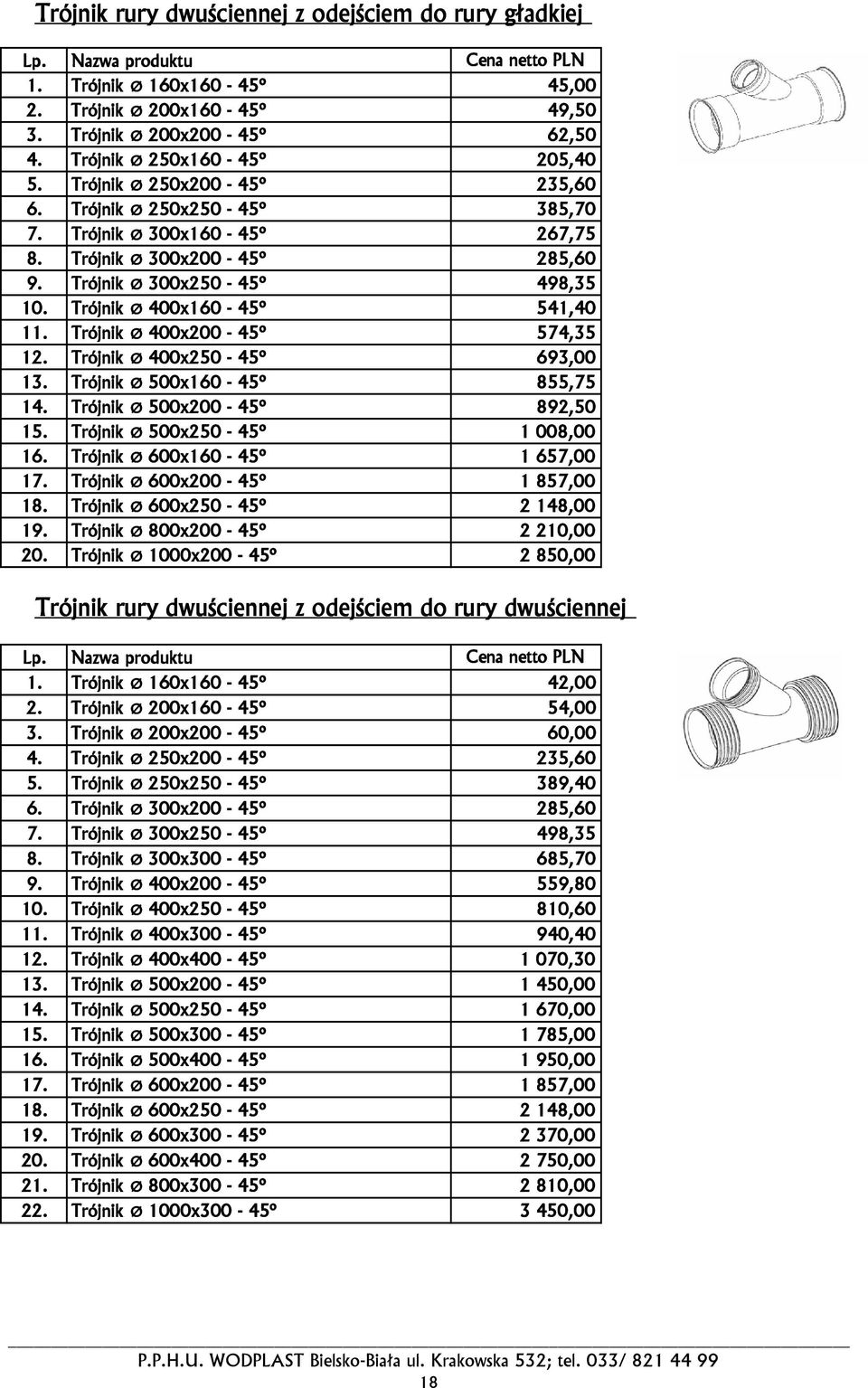 Trójnik Ø 400x200-45º 574,35 12. Trójnik Ø 400x250-45º 693,00 13. Trójnik Ø 500x160-45º 855,75 14. Trójnik Ø 500x200-45º 892,50 15. Trójnik Ø 500x250-45º 1 008,00 16.