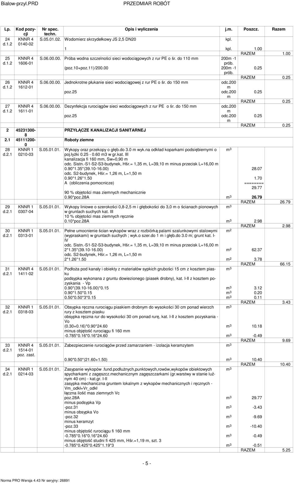 do 150 odc.200 poz.25 odc.200 0.25 RAZEM 0.25 S.06.00.00. Dezynfekcja rurociągów sieci wodociągowych z rur PE o śr. do 150 odc.200 poz.25 odc.200 0.25 RAZEM 0.25 PRZYŁĄCZE KANALIZACJI SANITARNEJ Roboty ziene S.