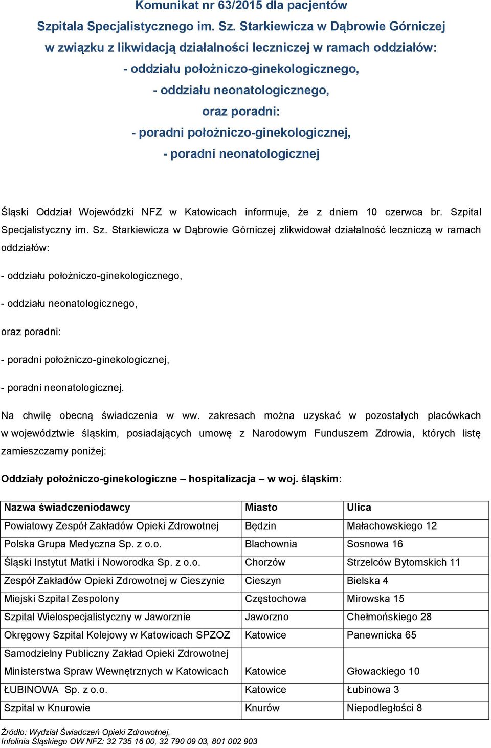 Starkiewicza w Dąbrowie Górniczej w związku z likwidacją działalności leczniczej w ramach oddziałów: - oddziału położniczo-ginekologicznego, - oddziału neonatologicznego, oraz poradni: - poradni