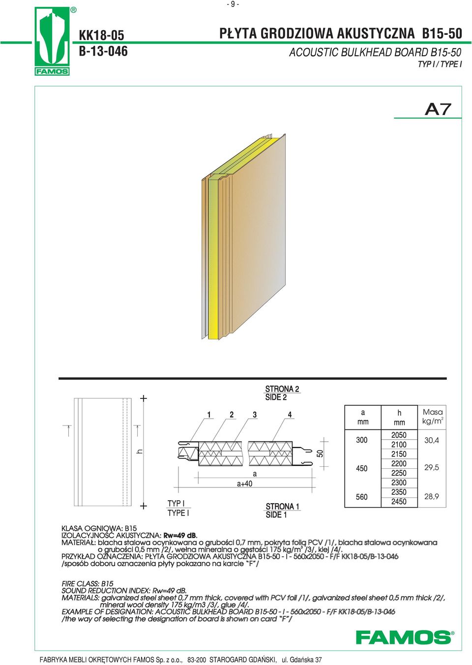 PRZYK AD OZNACZENIA: P YTA GRODZIOWA AKUSTYCZNA B15- - I - 560x20 - F/F KK18-05/B-1-046 /sposób doboru oznaczenia p³yty pokazano na karcie F / FIRE CLASS: B15 SOUND REDUCTION INDEX: Rw=49 db.