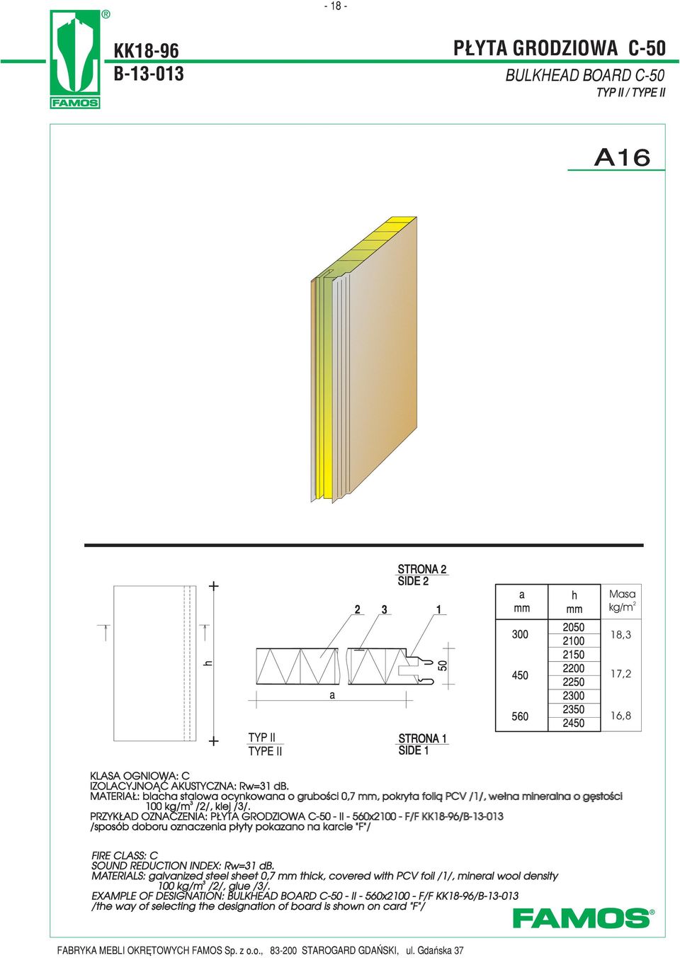 PRZYK AD OZNACZENIA: P YTA GRODZIOWA C- - II - 560x2100 - F/F KK18-96/B-1-01 /sposób doboru oznaczenia p³yty pokazano na karcie "F"/ FIRE CLASS: C SOUND REDUCTION INDEX: Rw=1 db.