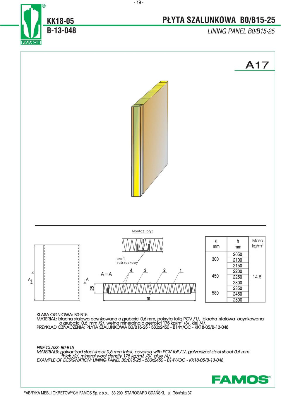 PRZYK AD OZNACZENIA: P YTA SZALUNKOWA B0/B15- - 580x24 - B14Y/OC - KK18-05/B-1-048 FIRE CLASS: B0-B15 MATERIALS: galvanized steel sheet 0,6 mm thick, covered