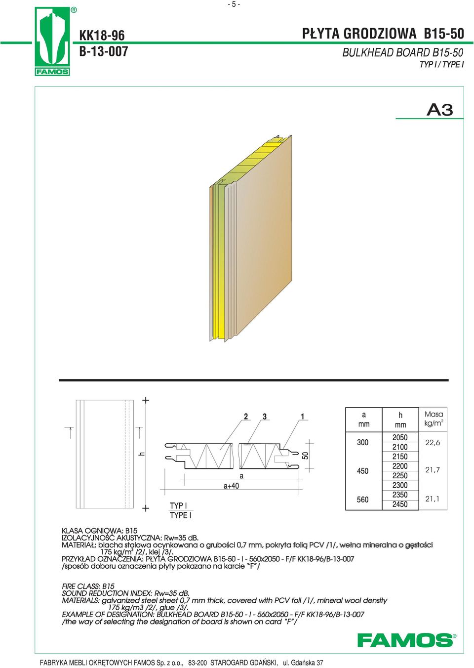 PRZYK AD OZNACZENIA: P YTA GRODZIOWA B15- - I - 560x20 - F/F KK18-96/B-1-007 /sposób doboru oznaczenia p³yty pokazano na karcie F / FIRE CLASS: B15 SOUND REDUCTION INDEX: Rw=5 db.