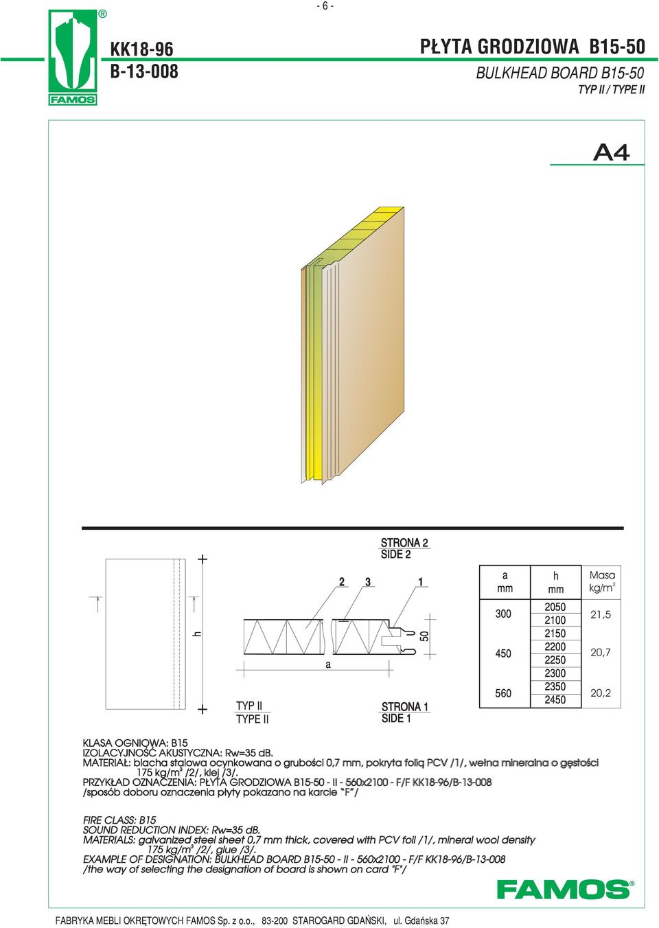 PRZYK AD OZNACZENIA: P YTA GRODZIOWA B15- - II - 560x2100 - F/F KK18-96/B-1-008 /sposób doboru oznaczenia p³yty pokazano na karcie F / FIRE CLASS: B15 SOUND REDUCTION INDEX: Rw=5 db.