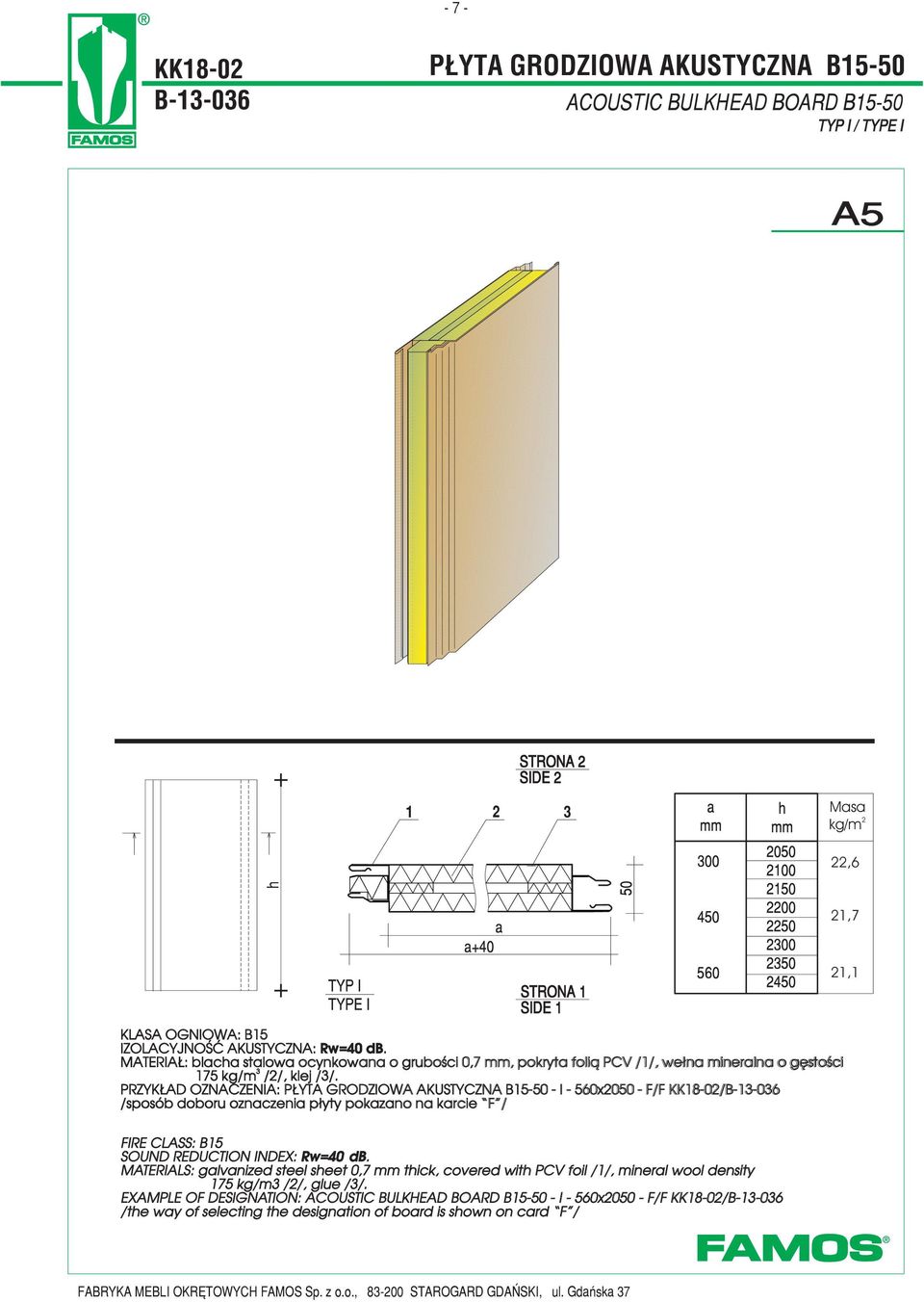 PRZYK AD OZNACZENIA: P YTA GRODZIOWA AKUSTYCZNA B15- - I - 560x20 - F/F KK18-02/B-1-06 /sposób doboru oznaczenia p³yty pokazano na karcie F / FIRE CLASS: B15 SOUND REDUCTION INDEX: Rw=40 db.