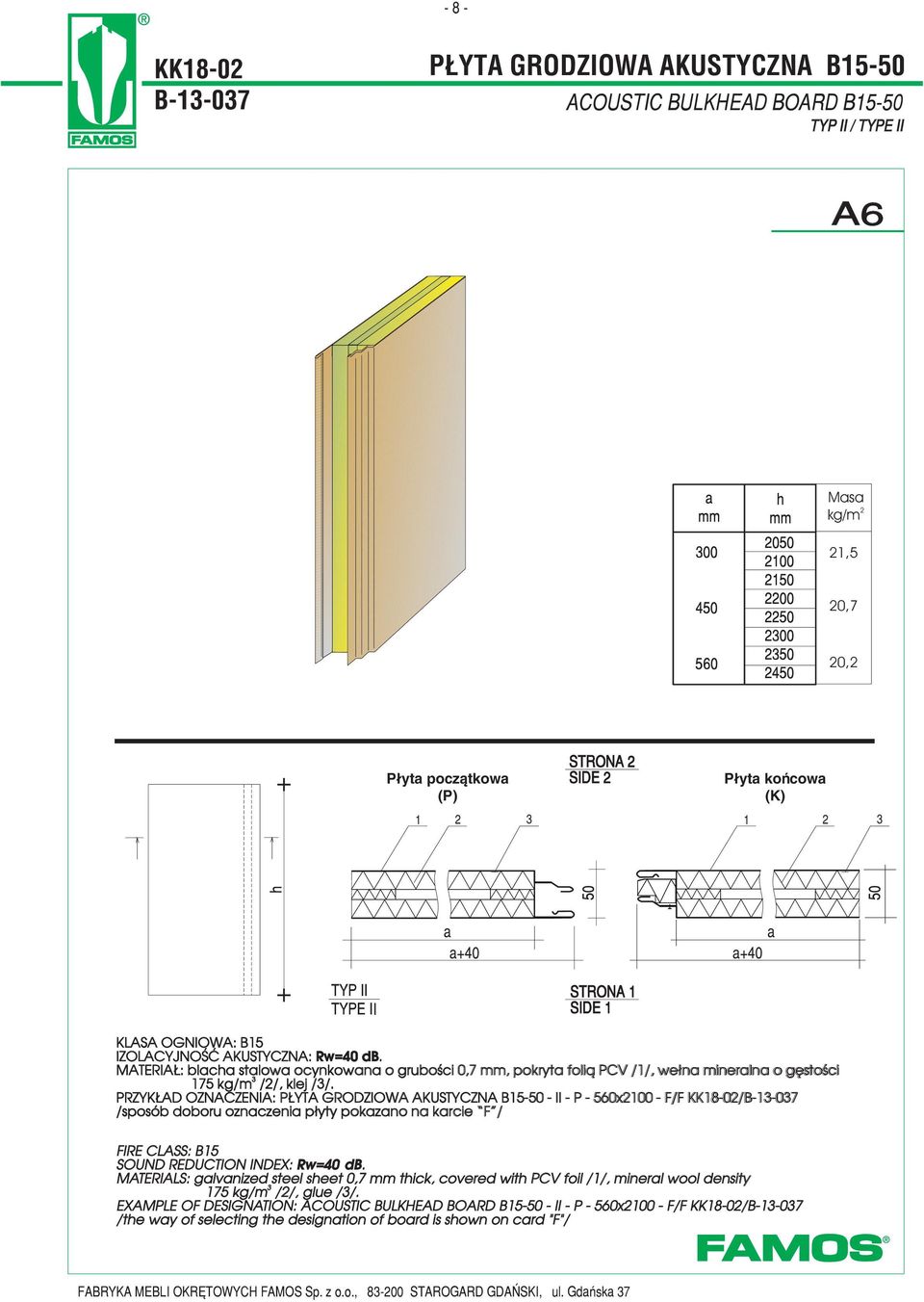 PRZYK AD OZNACZENIA: P YTA GRODZIOWA AKUSTYCZNA B15- - II - P - 560x2100 - F/F KK18-02/B-1-07 /sposób doboru oznaczenia p³yty pokazano na karcie F / FIRE CLASS: B15 SOUND REDUCTION INDEX: Rw=40 db.