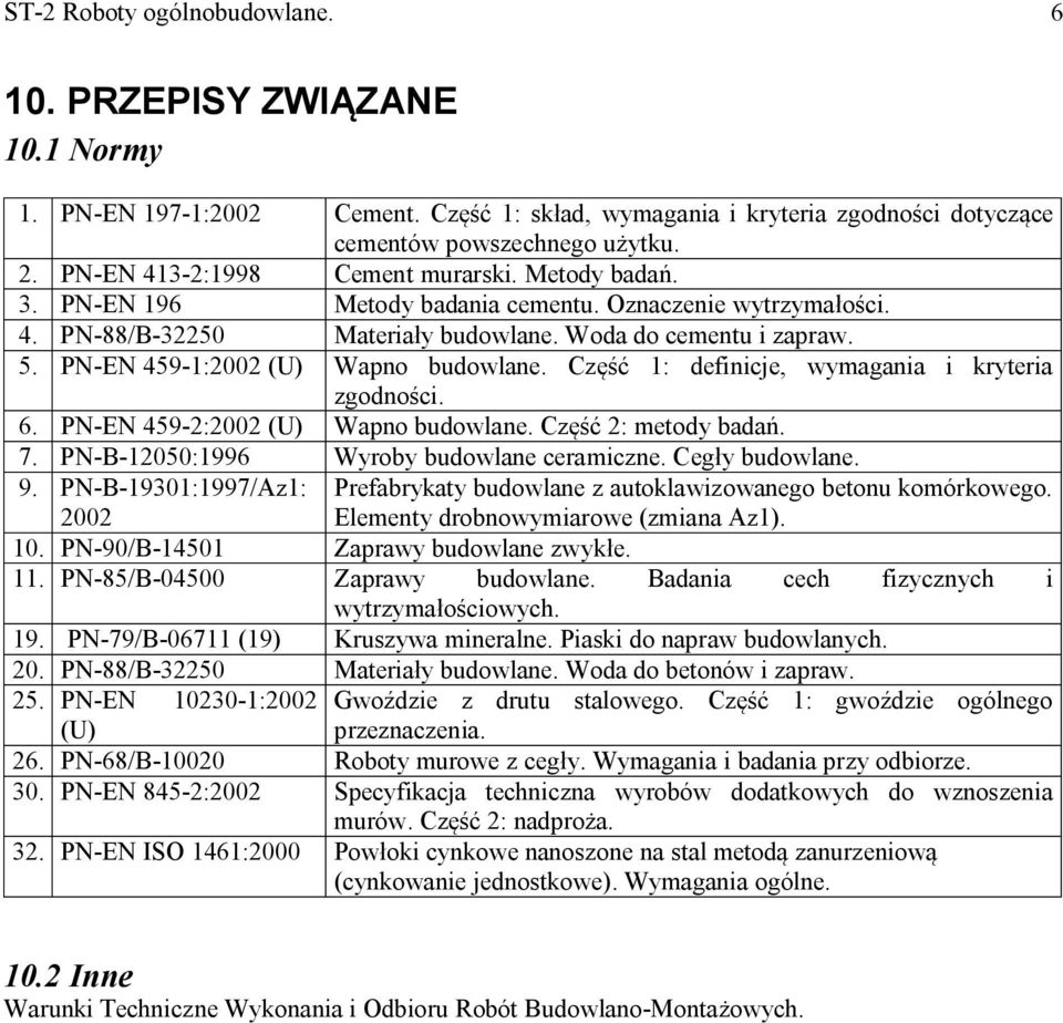 PN-EN 459-1:2002 (U) Wapno budowlane. Część 1: definicje, wymagania i kryteria zgodności. 6. PN-EN 459-2:2002 (U) Wapno budowlane. Część 2: metody badań. 7.