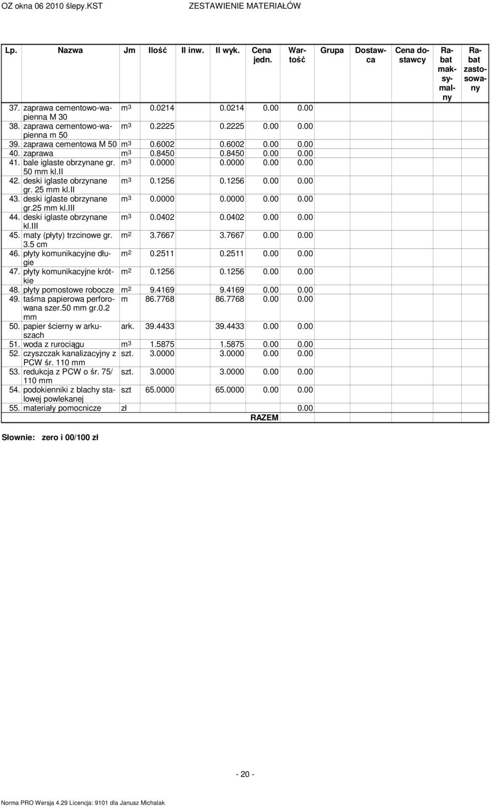 1256 0.1256 0.00 0.00 gr. 25 mm kl.ii 43. deski iglaste obrzynane m 3 0.0000 0.0000 0.00 0.00 gr.25 mm kl.iii 44. deski iglaste obrzynane m 3 0.0402 0.0402 0.00 0.00 kl.iii 45.