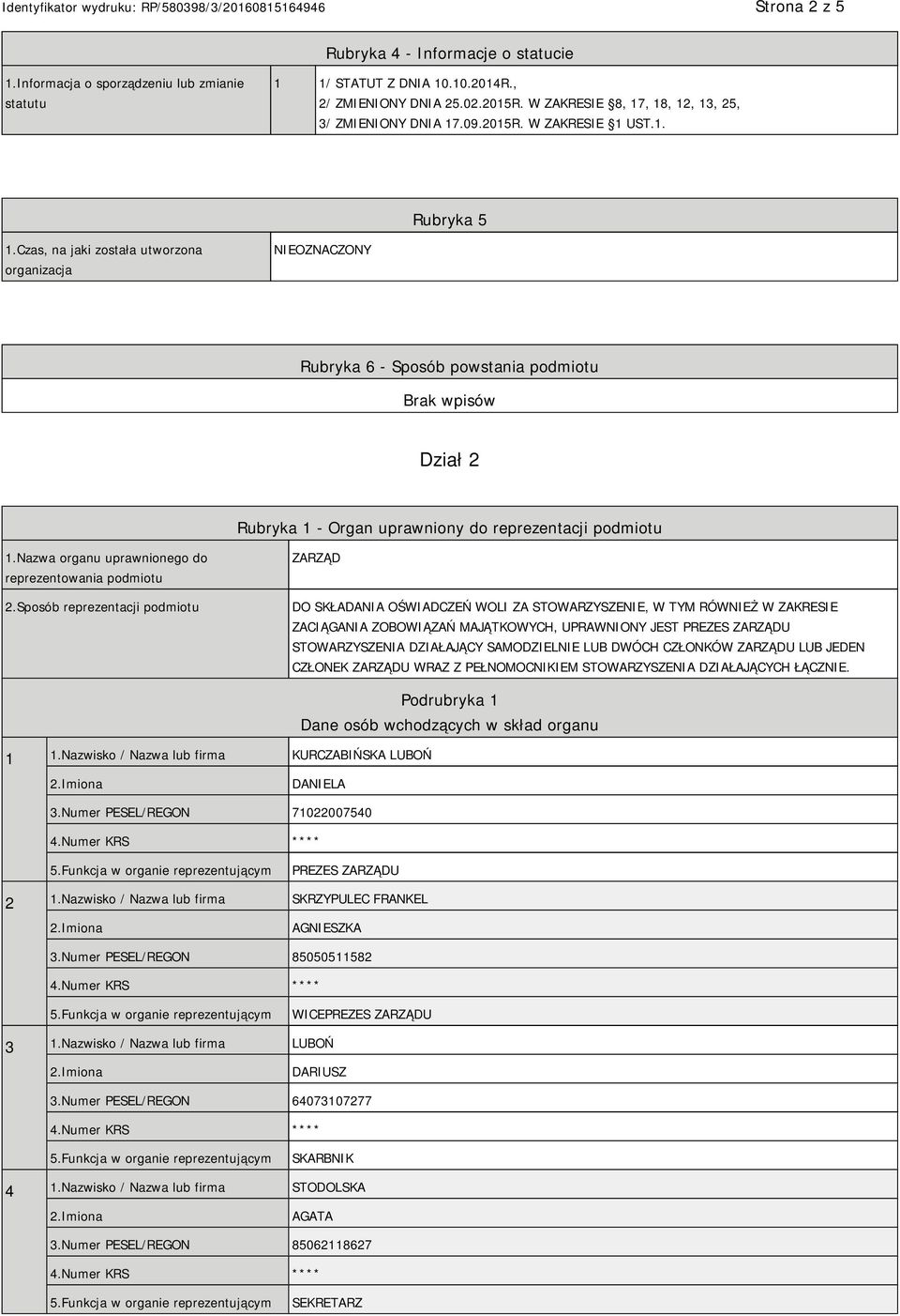 Czas, na jaki została utworzona organizacja NIEOZNACZONY Rubryka 6 - Sposób powstania podmiotu Dział 2 Rubryka 1 - Organ uprawniony do reprezentacji podmiotu 1.