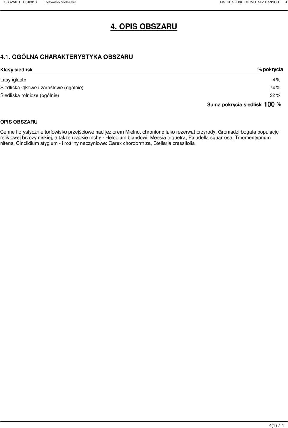 % Suma pokrycia siedlisk 100 % OPIS OBSZRU enne florystycznie torfowisko przejściowe nad jeziorem Mielno, chronione jako rezerwat przyrody.