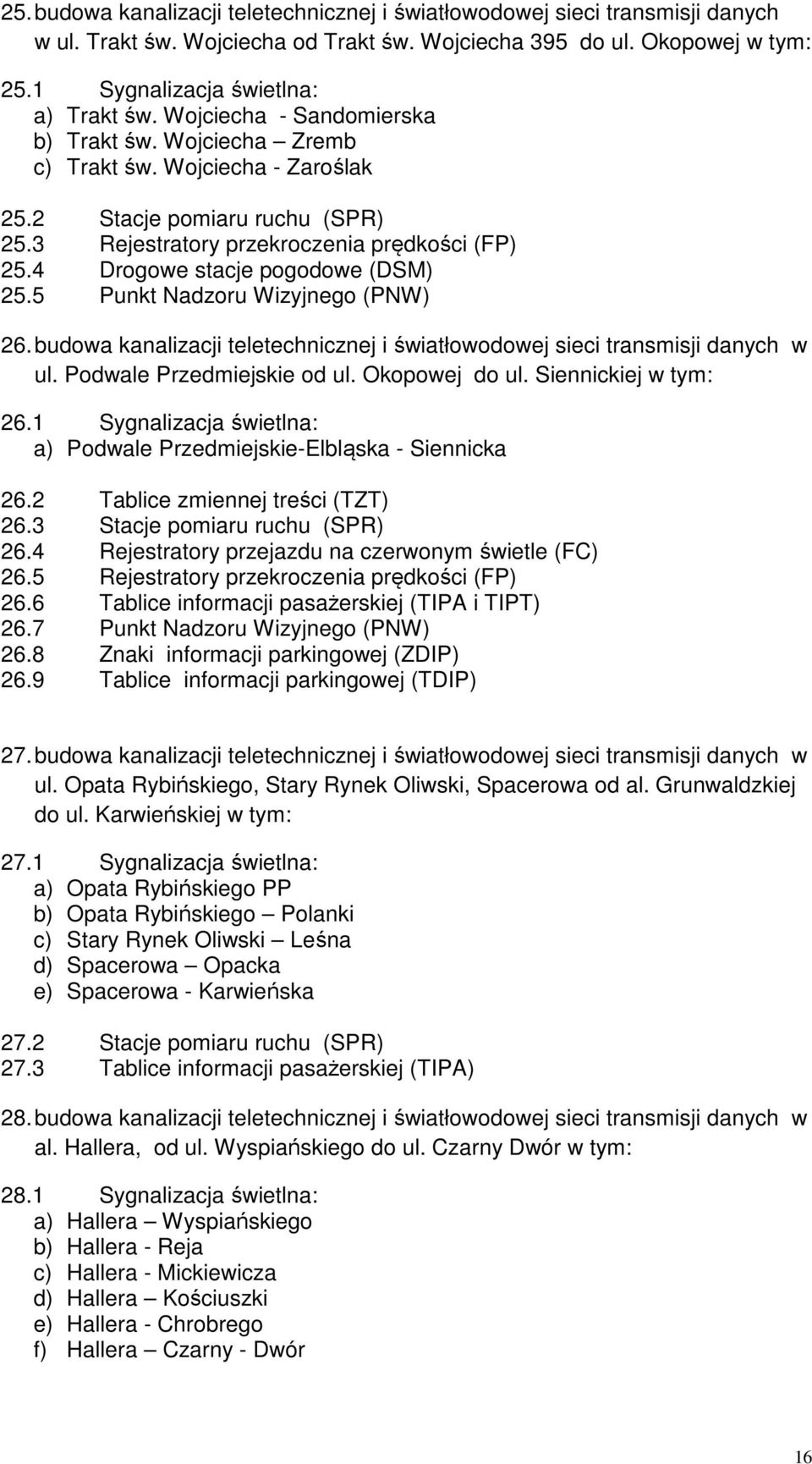 4 Drogowe stacje pogodowe (DSM) 25.5 Punkt Nadzoru Wizyjnego (PNW) 26. budowa kanalizacji teletechnicznej i światłowodowej sieci transmisji danych w ul. Podwale Przedmiejskie od ul. Okopowej do ul.