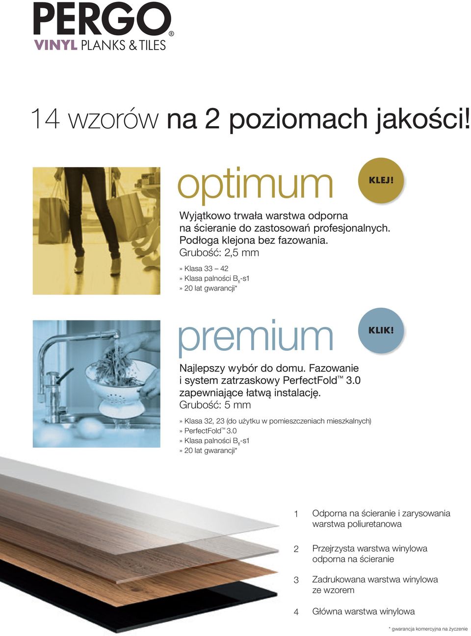 0 zapewniające łatwą instalację. Grubość: 5 mm» Klasa 32, 23 (do użytku w pomieszczeniach mieszkalnych)» PerfectFold 3.