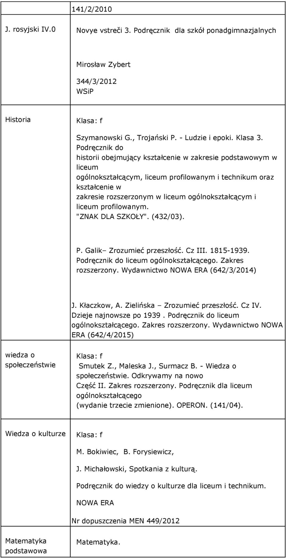 liceum profilowanym. "ZNAK DLA SZKOŁY". (432/03). P. Galik Zrozumieć przeszłość. Cz III. 1815-1939. Podręcznik do liceum ogólnokształcącego. Zakres rozszerzony. Wydawnictwo NOWA ERA (642/3/2014) J.