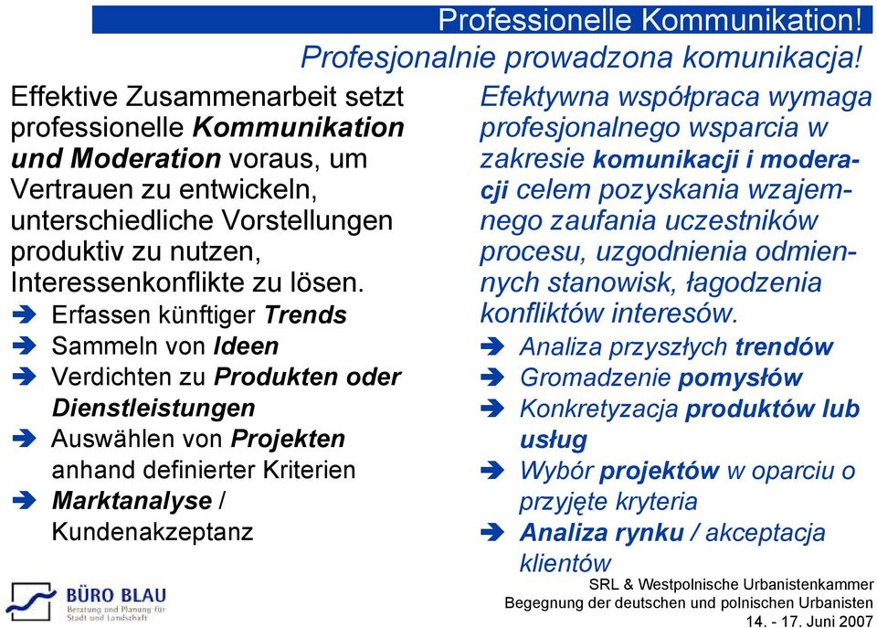 Marktanalyse / Kundenakzeptanz Professionelle Kommunikation! Profesjonalnie prowadzona komunikacja!