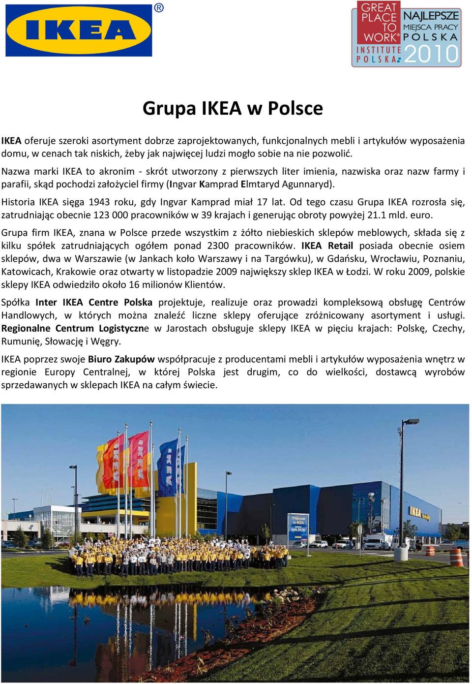 Historia IKEA sięga 1943 roku, gdy Ingvar Kamprad miał 17 lat. Od tego czasu Grupa IKEA rozrosła się, zatrudniając obecnie 123 000 pracowników w 39 krajach i generując obroty powyżej 21.1 mld. euro.