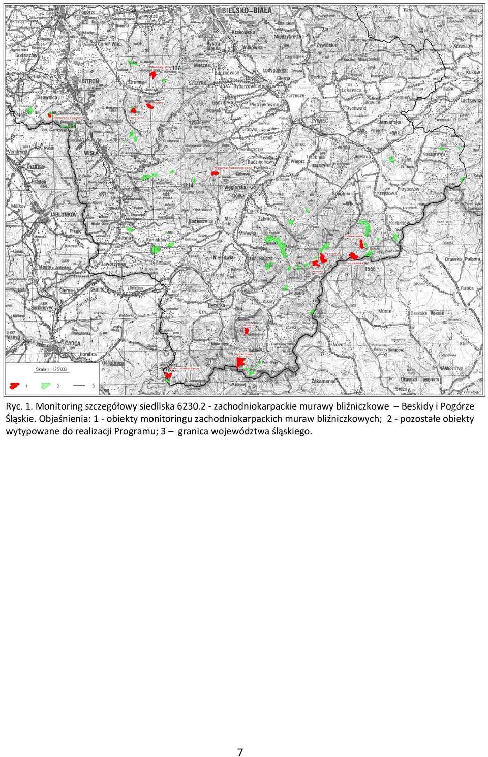 Objaśnienia: 1 - obiekty monitoringu zachodniokarpackich muraw