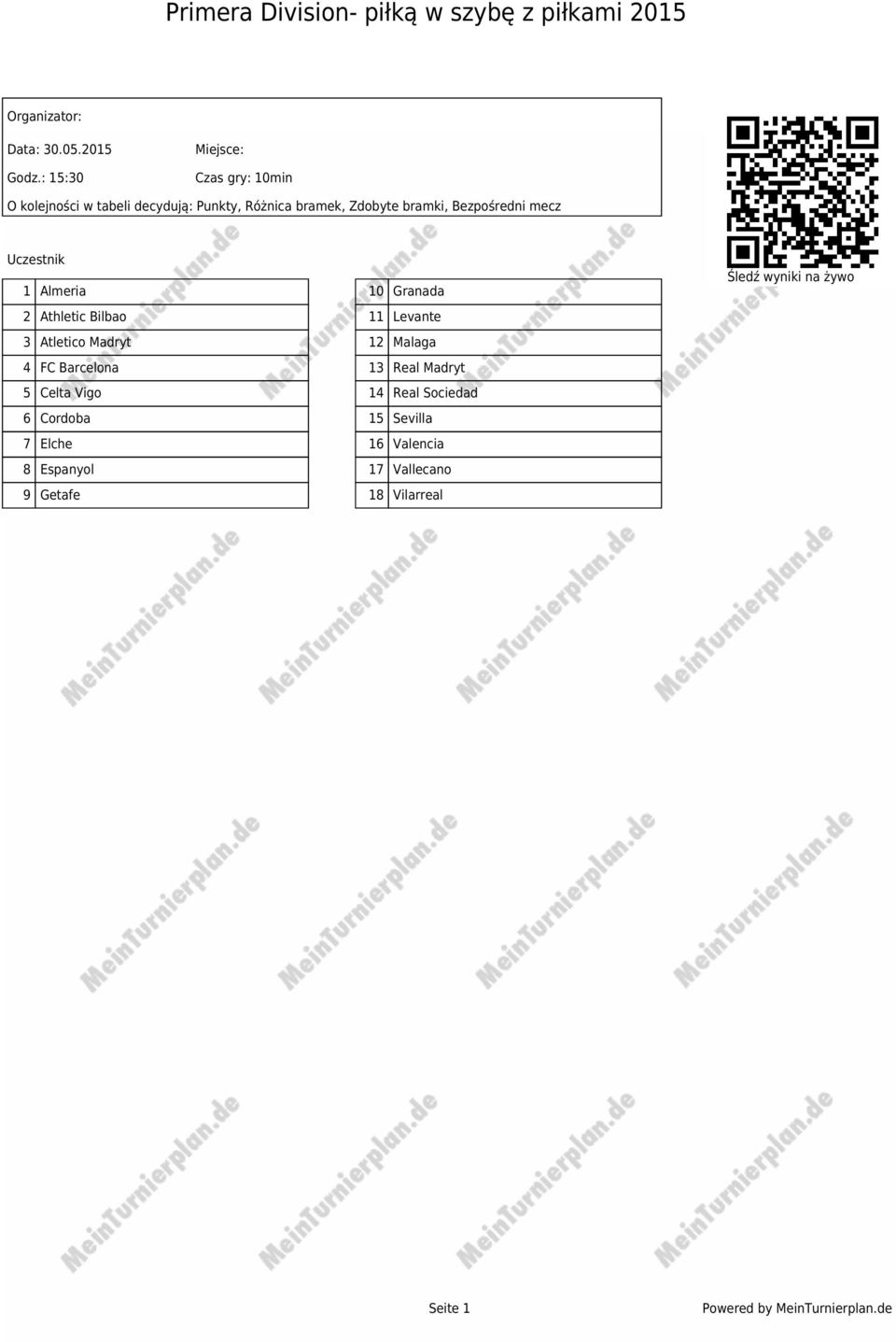 Bezpośredni mecz Uczestnik 1 Almeria 10 Granada 2 Athletic Bilbao 11 Levante 3 Atletico Madryt 12 Malaga