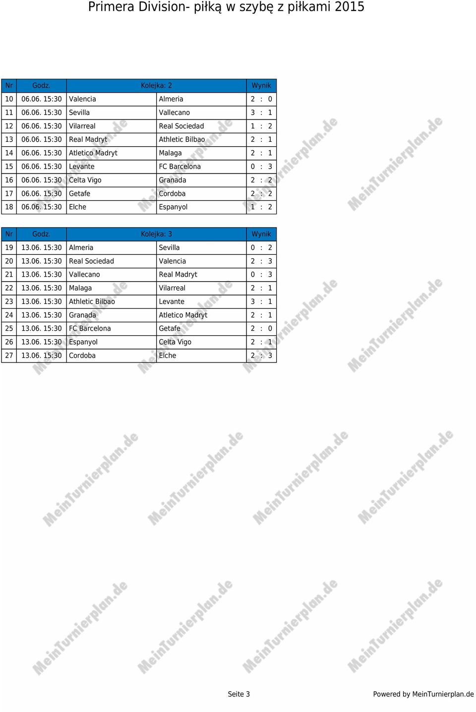 Kolejka: 3 Wynik 19 13.06. 15:30 Almeria Sevilla 0 : 2 20 13.06. 15:30 Real Sociedad Valencia 2 : 3 21 13.06. 15:30 Vallecano Real Madryt 0 : 3 22 13.06. 15:30 Malaga Vilarreal 2 : 1 23 13.06. 15:30 Athletic Bilbao Levante 3 : 1 24 13.