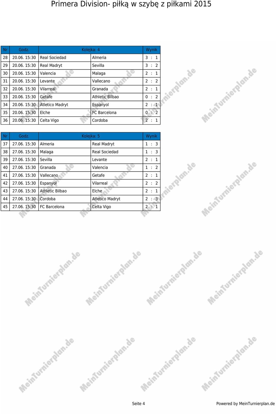 06. 15:30 Almeria Real Madryt 1 : 3 38 27.06. 15:30 Malaga Real Sociedad 1 : 3 39 27.06. 15:30 Sevilla Levante 2 : 1 40 27.06. 15:30 Granada Valencia 1 : 2 41 27.06. 15:30 Vallecano Getafe 2 : 1 42 27.