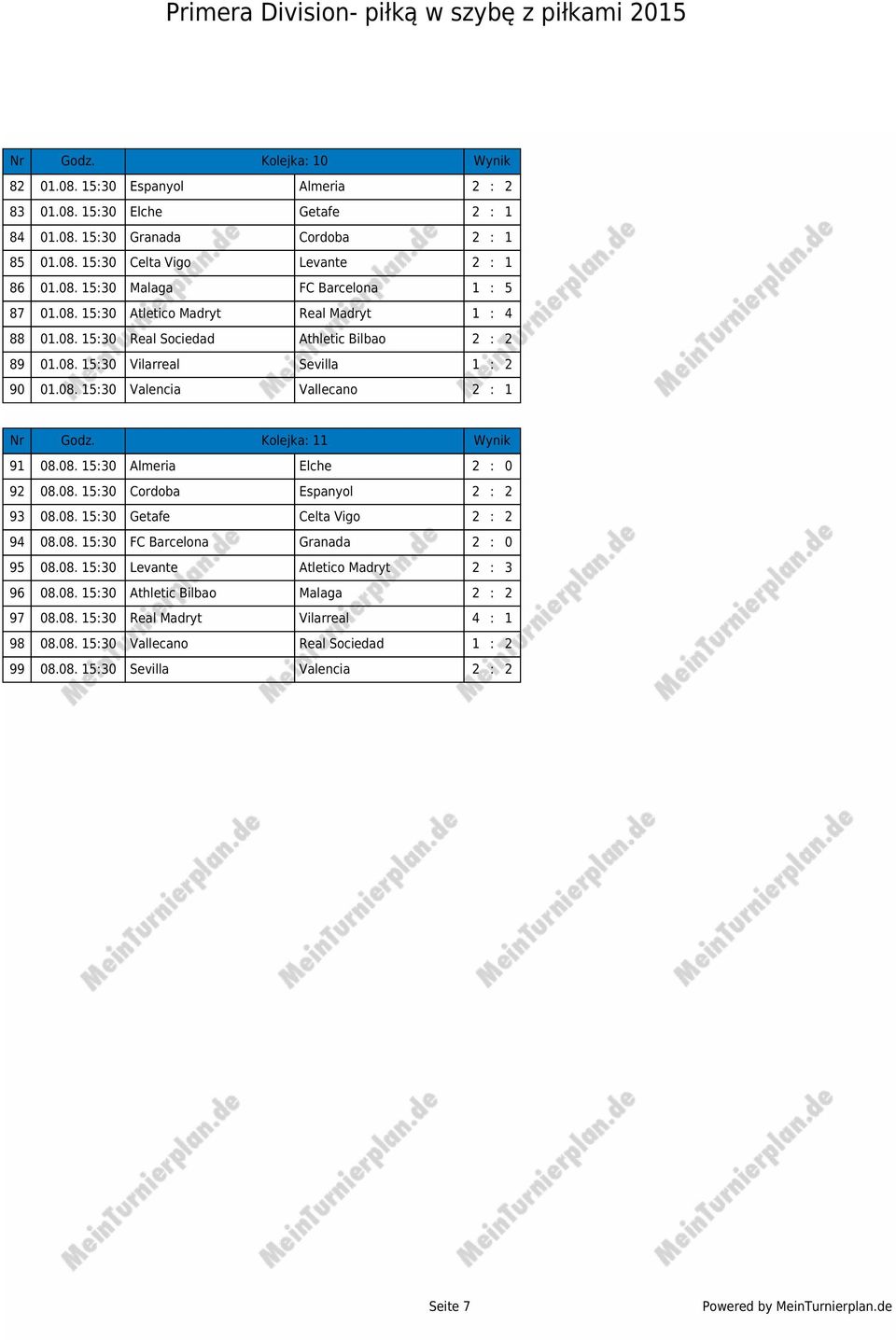 Kolejka: 11 Wynik 91 08.08. 15:30 Almeria Elche 2 : 0 92 08.08. 15:30 Cordoba Espanyol 2 : 2 93 08.08. 15:30 Getafe Celta Vigo 2 : 2 94 08.08. 15:30 FC Barcelona Granada 2 : 0 95 08.08. 15:30 Levante Atletico Madryt 2 : 3 96 08.