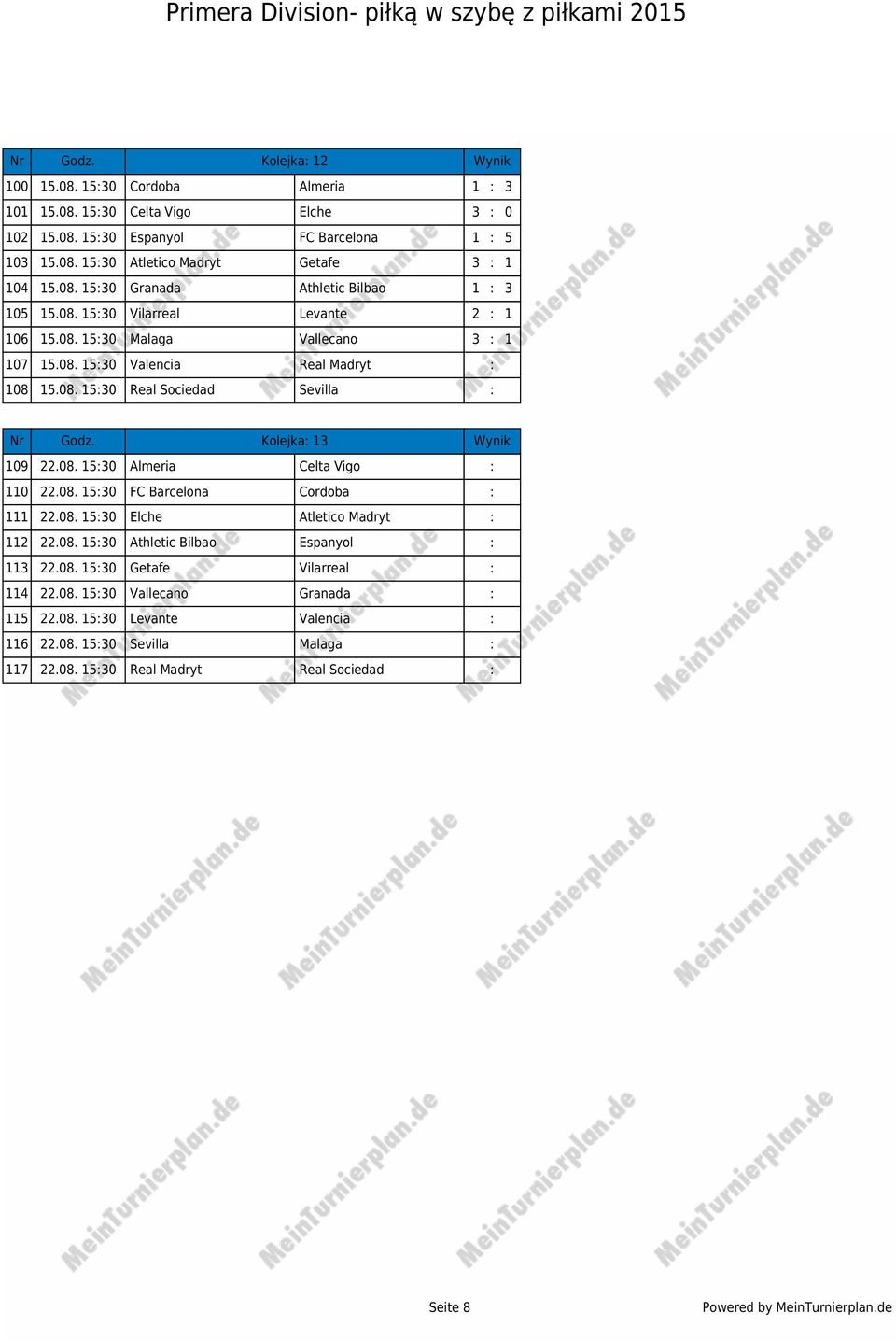 Kolejka: 13 Wynik 109 22.08. 15:30 Almeria Celta Vigo : 110 22.08. 15:30 FC Barcelona Cordoba : 111 22.08. 15:30 Elche Atletico Madryt : 112 22.08. 15:30 Athletic Bilbao Espanyol : 113 22.08. 15:30 Getafe Vilarreal : 114 22.