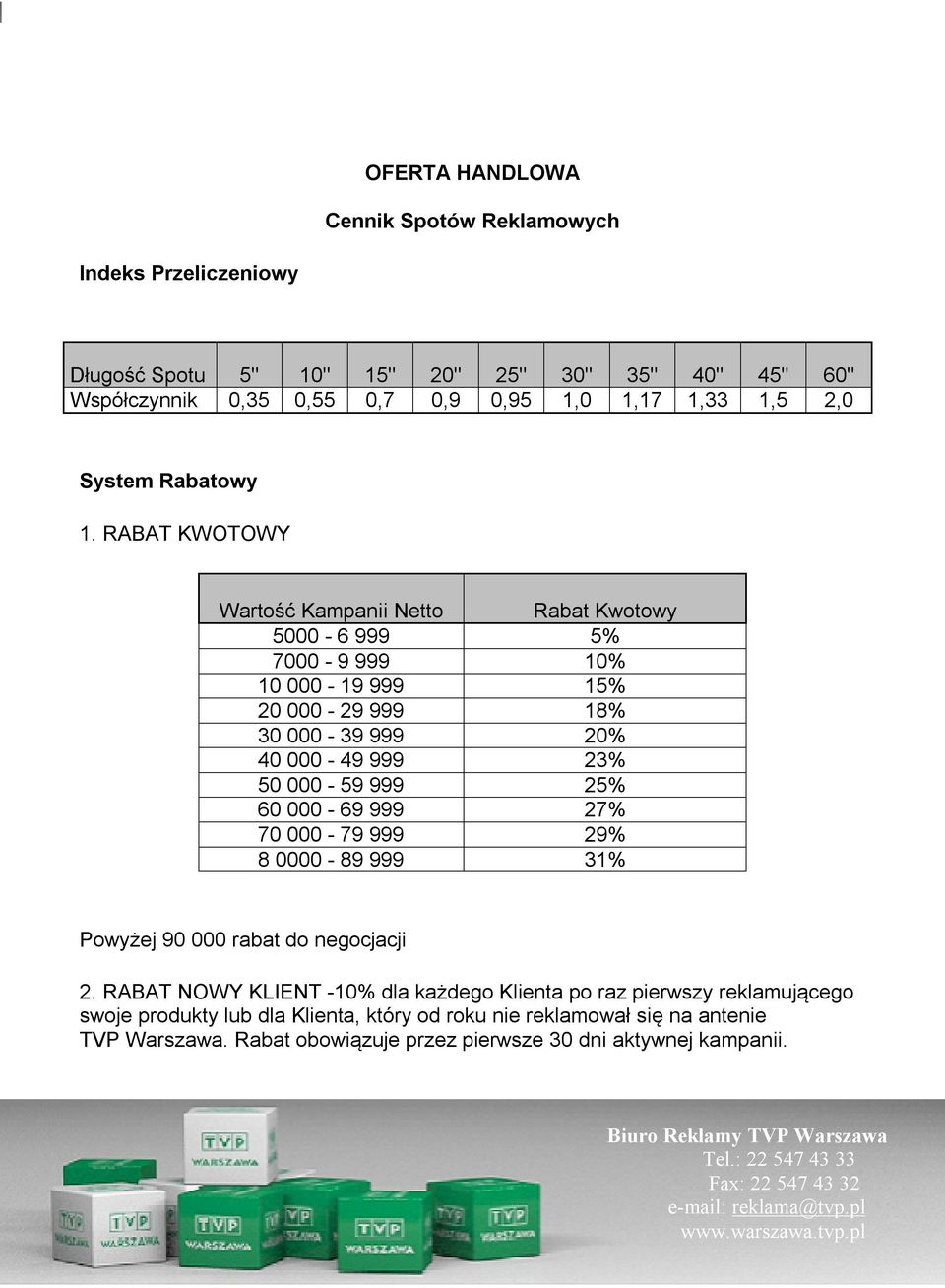 RABAT KWOTOWY Wartość Kampanii Netto Rabat Kwotowy 5000-6 999 5% 7000-9 999 10% 10 000-19 999 15% 20 000-29 999 18% 30 000-39 999 20% 40 000-49 999 23% 50 000-59