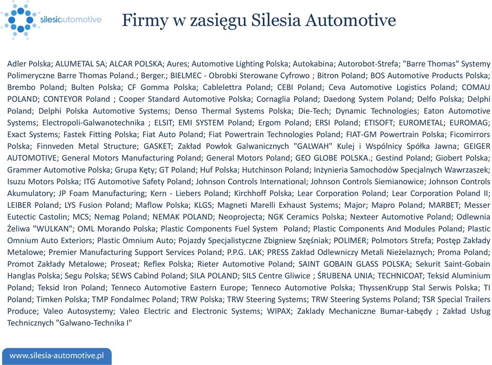 ; BIELMEC - Obrobki Sterowane Cyfrowo ; Bitron Poland; BOS Automotive Products Polska; Brembo Poland; Bulten Polska; CF Gomma Polska; Cablelettra Poland; CEBI Poland; Ceva Automotive Logistics