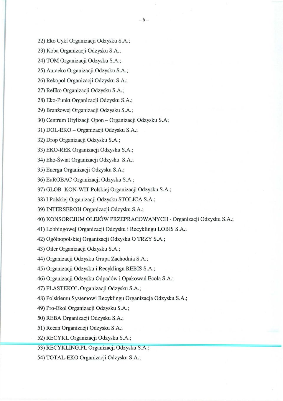 A.; 33) EKO-REK Organizacji Odzysku S.A.; 34) Eko- Świat Organizacji Odzysku S.A.; 35) Energa Organizacji Odzysku S.A.; 36) EuROBAC Organizacji Odzysku S.A.; 37) GLOB KON-WIT Polskiej Organizacji Odzysku S.