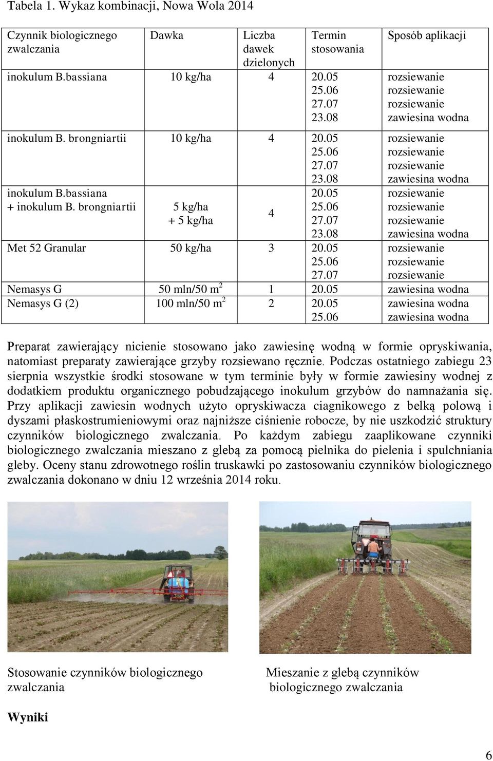 05 25.06 27.07 Nemasys G 50 mln/50 m 2 1 20.05 zawiesina wodna Nemasys G (2) 100 mln/50 m 2 2 20.05 25.06 zawiesina wodna zawiesina wodna Preparat zawierający nicienie stosowano jako zawiesinę wodną w formie opryskiwania, natomiast preparaty zawierające grzyby rozsiewano ręcznie.