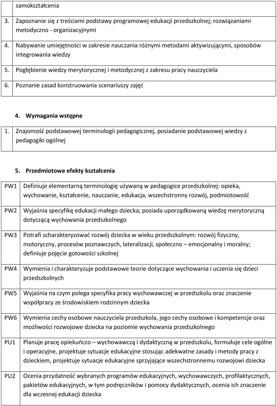 Poznanie zasad konstruowania scenariuszy zajęć 4. Wymagania wstępne 1. Znajomość podstawowej terminologii pedagogicznej, posiadanie podstawowej wiedzy z pedagogiki ogólnej 5.