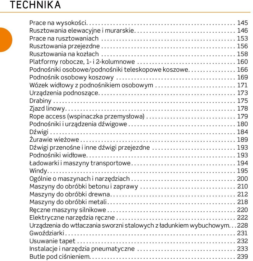 ... 178 Rope access (wspinaczka przemysłowa)... 179 Podnośniki i urządzenia dźwigowe...180 Dźwigi...184 Żurawie wieżowe.................................................... 189 Dźwigi przenośne i inne dźwigi przejezdne.