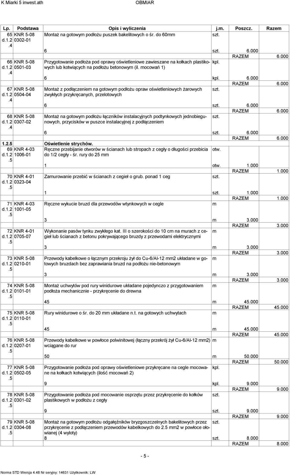 ocowań 1) 6 6.000 Montaż z podłączenie na gotowy podłożu opraw oświetleniowych żarowych 6 6.