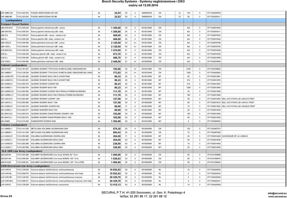 01U.308.257 Ścienny głośnik LB6 - czarny - zestaw 2 szt 4b 408,00 S3 A 8518210090 CN tbd 3 8717332974535 LB6-S-L F.01U.308.258 Ścienny głośnik LB6 - biały - zestaw 2 szt 4b 408,00 S3 A 8518210090 CN tbd 3 8717332974542 LB6-100S-D F.