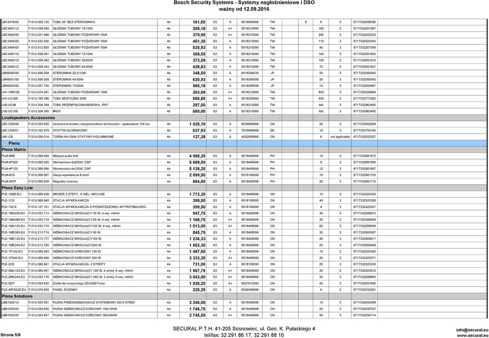 000 GŁOŚNIK TUBOWY POŻAROWY 35W 4b 451,35 S3 A 8518210090 TW 110 3 8717332022342 LBC3484/00 F.01U.012.805 GŁOŚNIK TUBOWY POŻAROWY 50W 4b 535,93 S3 A 8518210090 TW 40 3 8717332207558 LBC3491/12 F.01U.506.
