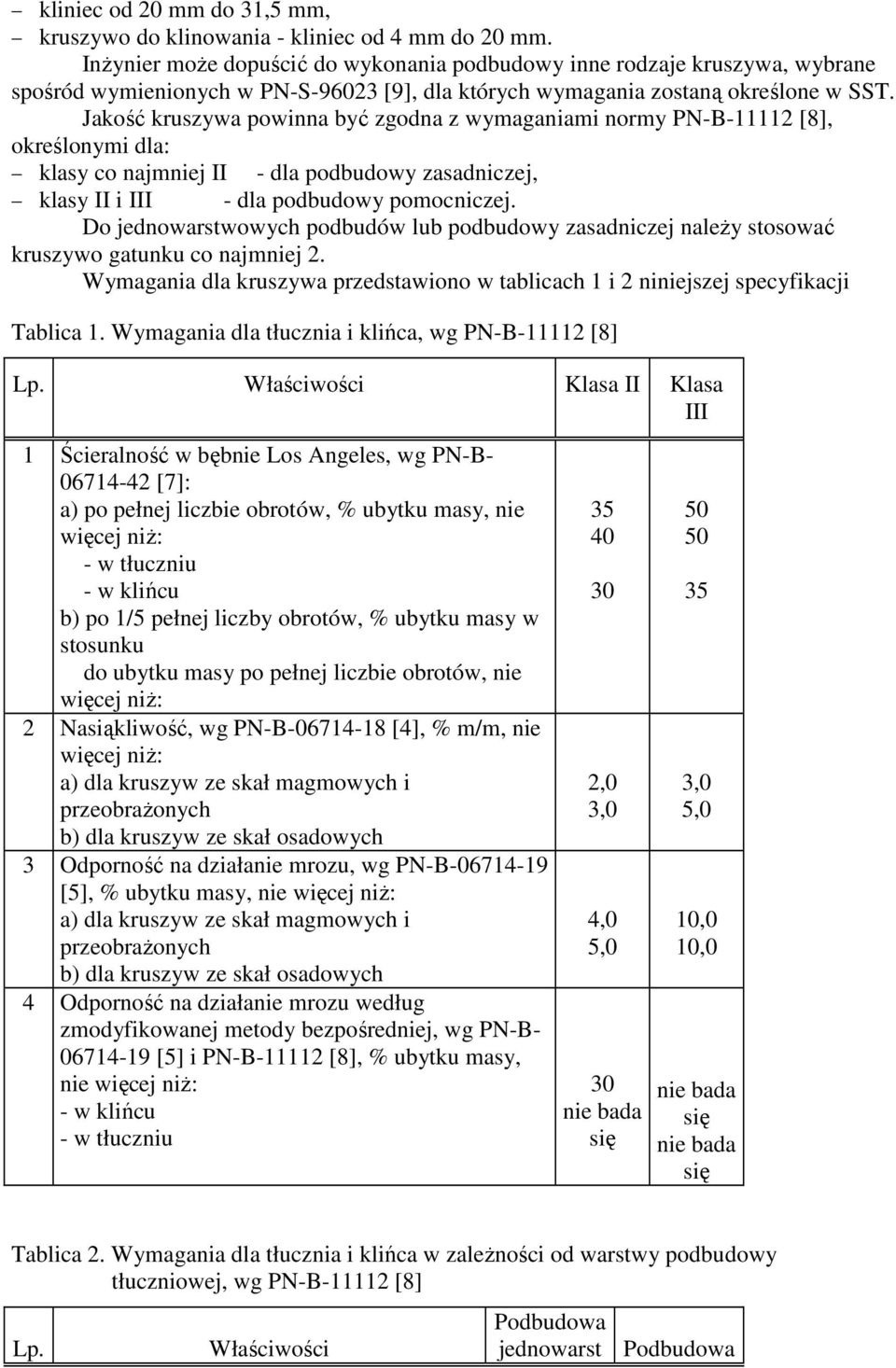 Jakość kruszywa powinna być zgodna z wymaganiami normy PN-B-11112 [8], określonymi dla: klasy co najmniej II - dla podbudowy zasadniczej, klasy II i III - dla podbudowy pomocniczej.