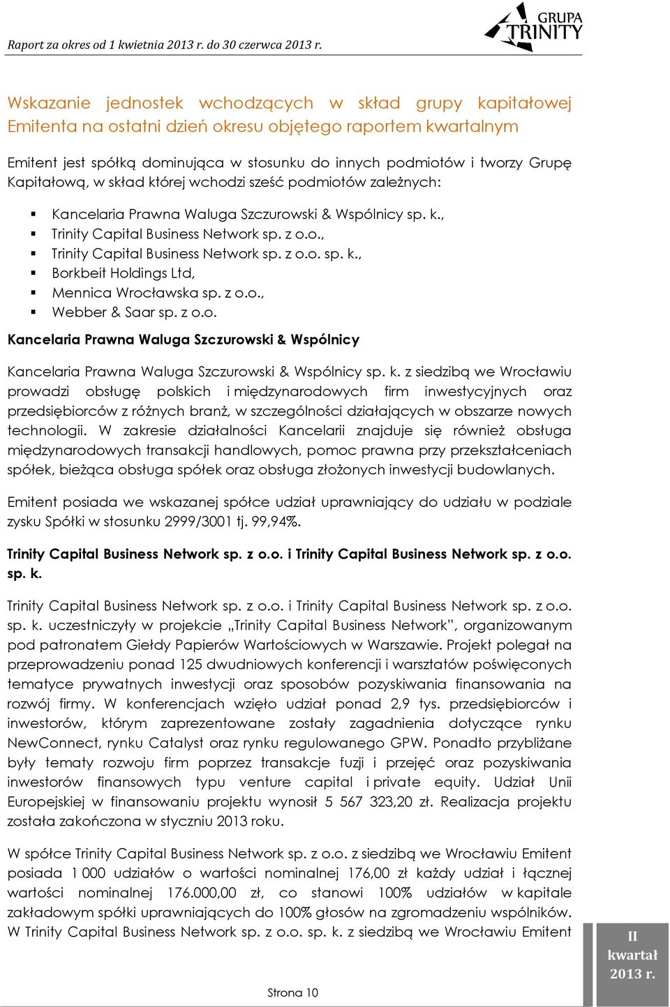 z o.o., Trinity Capital Business Network sp. z o.o. sp. k., Borkbeit Holdings Ltd, Mennica Wrocławska sp. z o.o., Webber & Saar sp. z o.o. Kancelaria Prawna Waluga Szczurowski & Wspólnicy Kancelaria Prawna Waluga Szczurowski & Wspólnicy sp.