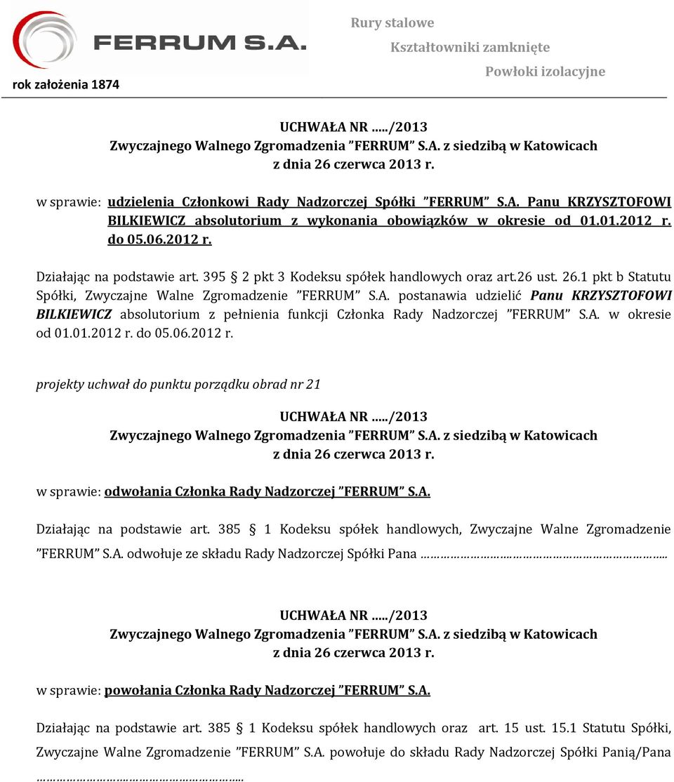 postanawia udzielić Panu KRZYSZTOFOWI BILKIEWICZ absolutorium z pełnienia funkcji Członka Rady Nadzorczej FERRUM S.A. w okresie od 01.01.2012 r.